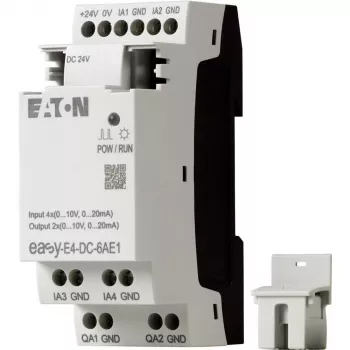 Eaton EASY-E4-DC-6AE1 Μονάδα ελέγχου PLC, 12/24 V DC, 6 ψηφιακές είσοδοι, 2 αναλογικές είσοδοι, 4 έξοδοι ρελέ, επεκτάσιμη, ενσωματωμένη οθόνη LCD