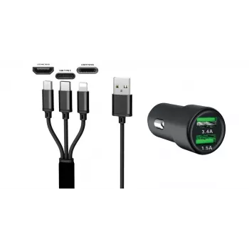 IWH Dual USB φορτιστής αυτοκινήτου 3-in-1 12/24V 3,4A μαύρο (19061)
