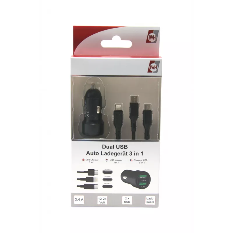IWH Dual USB φορτιστής αυτοκινήτου 3-in-1 12/24V 3,4A μαύρο (19061)