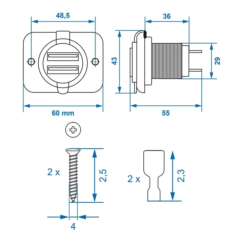 IWH Πρίζα εντοιχισμού διπλή USB 12/24V 2,1A 2x USB-A Μαύρο 019006