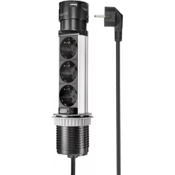 SYGONIX SY-4997104 Πύργος πριζών, 6 πρίζες Schuko, 2 θύρες USB-A, καλώδιο 1,5 m, Μαύρο/Ασημί