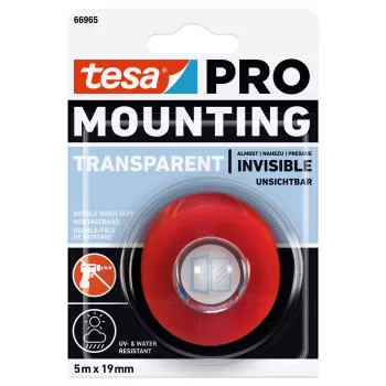 tesa Montage PRO Transparent 66965-00001-00 αμφίπλευρη ακρυλική αφρώδης ταινία συναρμολόγησης, 5 m x 19 mm, αντέχει έως 10 kg/m, ανθεκτική σε UV και υγρασία, για εσωτερικούς και εξωτερικούς χώρους