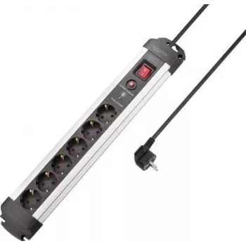 SYGONIX SY-4755612 Πολύπριζο προστασίας υπέρτασης, 6 υποδοχές Schuko, προστασία υπερέντασης, Ασημί/Μαύρο, καλώδιο 1,5 m