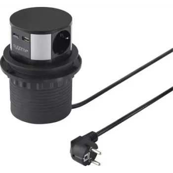 Sygonix SY-6887466 πολύπριζο πύργος 3 θέσεων, μαύρο/ασημί, καλώδιο 1,5 m, 3 πρίζες Schuko, 3680 W, φωτιζόμενος διακόπτης