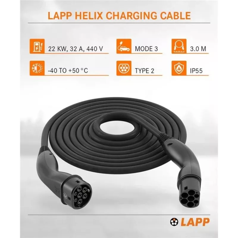 LAPP MOBILITY Self-Retracting Type 2 EV Charging Cable, 22 kW, 3 m, Black (75749)