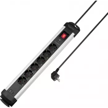 Sygonix SY-6807132 Πολύπριζο προστασίας από υπέρταση 6 θέσεων, μαύρο/ασημί, καλώδιο 1,5m