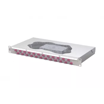 METZ CONNECT 24-Port LC-Duplex OM4 Patch panel οπτικών ινών συγκόλλησης, 1U 19 ιντσών τοποθέτηση σε ράγα, Ανοιχτό γκρι 1504577524-E