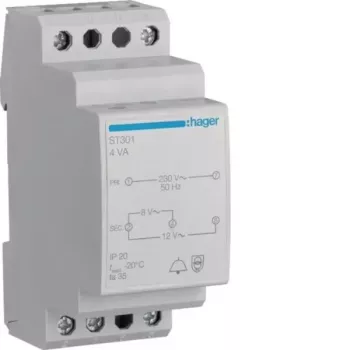 Hager ST301 Μετασχηματιστής κουδουνιού 230V σε 8V/12V AC, 0,5A, ράγα DIN