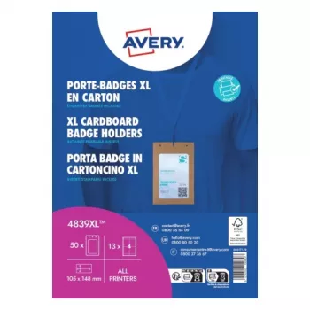 Avery 4839XL σετ θηκών ονόματος με κορδόνι λαιμού, A6, 105 x 148 mm, 50 σετ, μπλε κορδόνια λαιμού