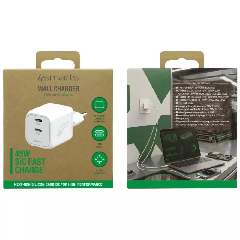 4smarts PDPlug SiC Dual 45W 2C Λευκός επιτοίχιος φορτιστής