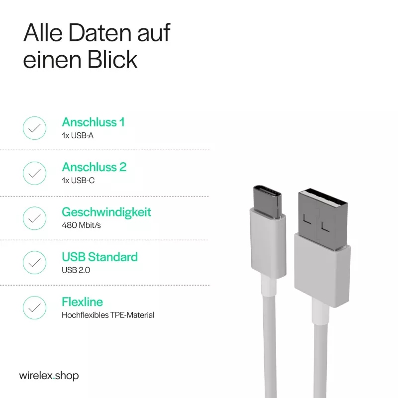 Flexline Καλώδιο φόρτισης και συγχρονισμού USB, USB-A σε USB-C, 2.0, ABS, Λευκό, 0,5m (FL31-13040)