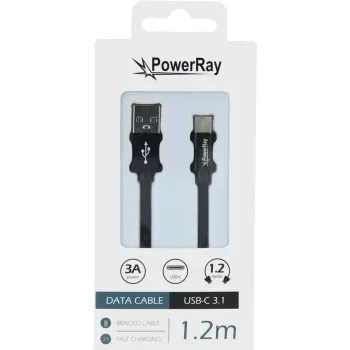 PowerRay Καλώδιο δεδομένων και φόρτισης USB-C σε USB-A, 1,2 m, Ύφασμα Μαύρο PR-DCUC120TBK