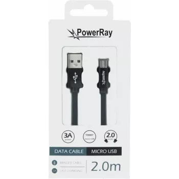 PowerRay Καλώδιο δεδομένων USB σε Micro-USB 2,0 m πλεκτό Μαύρο PR-DCUM200TBK