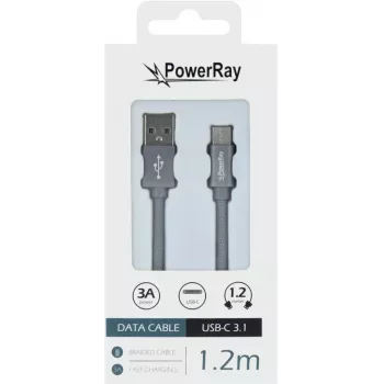 PowerRay Καλώδιο δεδομένων PR-DCUC120TGY USB-A σε USB-C 1,2 m Ύφασμα Γκρι Πλεκτό Ταχεία φόρτιση & συγχρονισμός δεδομένων 5 Gbps