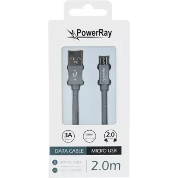 PowerRay Καλώδιο δεδομένων USB σε Micro-USB, 2 m, Ύφασμα γκρι, Blister PR-DCUM200TGY