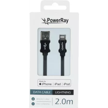 PowerRay PR-DCUL200TBK Πιστοποιημένο MFi καλώδιο USB-A σε Lightning πλεκτό, 2 m, Μαύρο