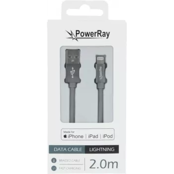 PowerRay PR-DCUL200TGY Πιστοποιημένο MFi καλώδιο USB-A σε Lightning πλεκτό 2m Ύφασμα Γκρι