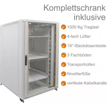 IT-BUDGET 19 ιντσών Server Rack SRK Πλήρες σετ - 27U - 800x1000 mm - Πόρτα γυαλιού/χάλυβα - 4 ενεργοί ανεμιστήρες - PDU - Ράφια - Flatpack - Ανοιχτό γκρι 90ITB19SRK27810GG