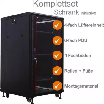 IT-BUDGET Ντουλάπι δικτύου 19 ιντσών SRK Πλήρες σετ - 18U, 600x800 mm, Πόρτα γυαλιού μπροστά, Πόρτα χάλυβα πίσω, 4 ενεργοί ανεμιστήρες, PDU, Ράφια, προσυναρμολογημένο, Μαύρο 99ITB19SRK1868GSM