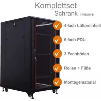 IT-BUDGET 19 ίντσες Netzwerkschrank SRK Komplettset 22U 600x800 mm Γυάλινη/Ατσάλινη πόρτα 4 Ανεμιστήρες PDU Ράφια Flatpack Μαύρο 90ITB19SRK2268GS