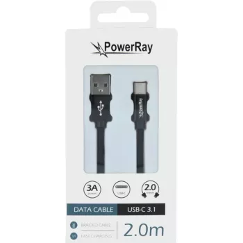 PowerRay Καλώδιο Δεδομένων PR-DCUC200TBK, USB-A σε USB-C, 2,0 m, Ύφασμα Μαύρο, Blister