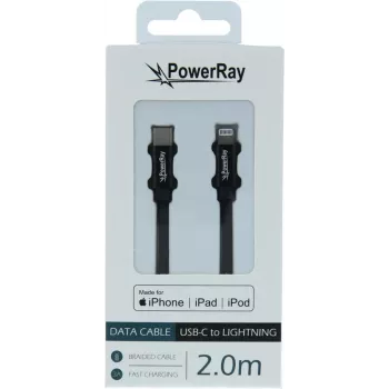 PowerRay Καλώδιο USB-C σε Lightning MFi Πλεκτό 2m Μαύρο PR-DCCL200TBK