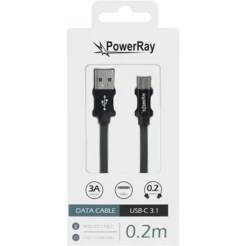 PowerRay PR-DCUC020TBK Καλώδιο δεδομένων και φόρτισης USB-A σε USB-C, 0,2 m, Ύφασμα Μαύρο, Blister