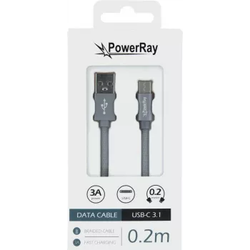 PowerRay Καλώδιο δεδομένων PR-DCUC020TGY, USB-A σε USB-C, 0,2 m, Ύφασμα γκρι, Blister
