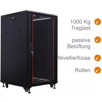 IT-BUDGET Ερμάριο δικτύου 19 ιντσών SRK - 22U - 600x600 mm - Πόρτα γυαλιού/συμπαγής πόρτα - Προσυναρμολογημένο - Μαύρο 99ITB19SRK2266GSNM