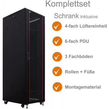 IT-BUDGET Πλήρες σετ ερμαρίου δικτύου 19 ιντσών SRK - 42U - 600x800 mm - Πόρτα γυαλιού/χάλυβα - 4 ενεργοί ανεμιστήρες - PDU - Ράφια - προσυναρμολογημένο - Μαύρο (99ITB19SRK4268GSM)