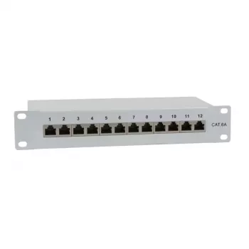 IT-BUDGET Patch Panel 10 ιντσών - Θωρακισμένο - Cat.6A - 500MHz - 12 Port RJ45 - PoE+ ικανό - 1U - Γκρι (90ITB10PP6AG)