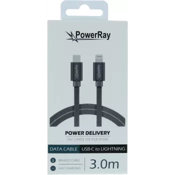 PowerRay Καλώδιο USB-C σε Lightning πλεκτό 3m Ύφασμα Γκρι PR-DCCL300TGY