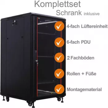 IT-BUDGET Ερμάριο δικτύου 19 ιντσών SRK Πλήρες σετ 22U 600x600mm Πόρτα γυαλιού/χάλυβα 4 ανεμιστήρες PDU Ράφια προσυναρμολογημένο Μαύρο 99ITB19SRK2266GSM