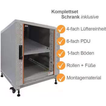 IT-BUDGET 19 ιντσών Server Rack SRK πλήρες σετ - 12U - 600x1000 mm - γυάλινη/ατσάλινη πόρτα - 4 ενεργοί ανεμιστήρες - PDU - ράφια - συναρμολογημένο - ανοιχτό γκρι 99ITB19SRK12610GGM