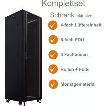 IT-BUDGET 19 ιντσών ντουλάπι δικτύου SRK πλήρες σετ 38U 600x800mm γυάλινη/ατσάλινη πόρτα 4 ενεργοί ανεμιστήρες PDU ράφια Flatpack μαύρο 90ITB19SRK3868GS