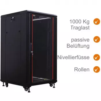 IT-BUDGET 19 ιντσών Ερμάριο δικτύου SRK - 22U - 600x600 mm - Γυάλινη πόρτα μπροστά / Ατσάλινη πόρτα πίσω - Flatpack - Μαύρο (90ITB19SRK2266GSN)