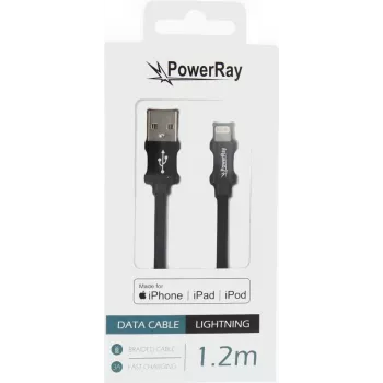PowerRay PR-DCUL120TBK USB-A σε Lightning MFi πιστοποιημένο πλεκτό καλώδιο δεδομένων και φόρτισης από νάιλον, 1,2 m, Μαύρο