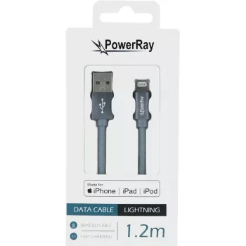 PowerRay Καλώδιο USB σε Lightning MFi υφασμάτινο 1,2 m Υφασμάτινο γκρι PR-DCUL120TGY