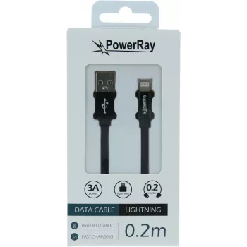 PowerRay Καλώδιο δεδομένων/φόρτισης USB-A σε Lightning 0,2m Υφασμάτινο Μαύρο PR-DCUL020TBK