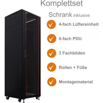 IT-BUDGET Πλήρες σετ ερμαρίου δικτύου SRK 19 inch 42U 600x600mm πόρτα γυαλιού/χάλυβα 4 ανεμιστήρες PDU ράφια προ-συναρμολογημένα μαύρο 99ITB19SRK4266GSM