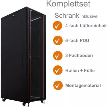 IT-BUDGET Πλήρες σετ Server Rack SRK 19 inch - 42U - 600x1000 mm - Διάτρητες διπλές πόρτες μπροστά & πίσω - 4 ενεργοί ανεμιστήρες - PDU - Ράφια - Flatpack - Μαύρο (90ITB19SRK42610DTS)