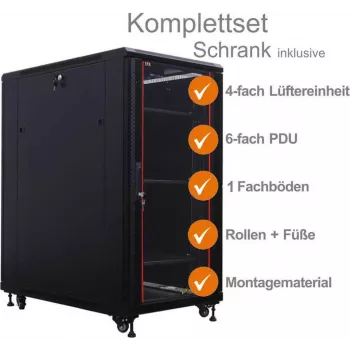IT-BUDGET Ερμάριο δικτύου 19 ιντσών SRK πλήρες σετ - 18U - 600x1000 mm - πόρτα γυαλιού/χάλυβα - 4 ενεργοί ανεμιστήρες - PDU - ράφια - Flatpack - μαύρο 90ITB19SRK18610GS