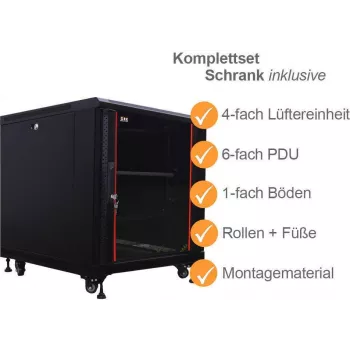 IT-BUDGET Ερμάριο διακομιστή 19 ιντσών SRK πλήρες σετ 12U 600x1000 mm πόρτα γυαλιού/χάλυβα 4 ενεργοί ανεμιστήρες PDU ράφια προ-συναρμολογημένο μαύρο 99ITB19SRK12610GSM