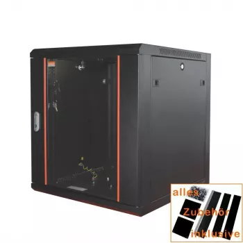 IT-BUDGET 19 inch rack δικτύου SWA - 12U - 570x600 mm - πόρτα γυαλιού - αφαιρούμενα πλαϊνά - τοποθέτηση σε τοίχο/δάπεδο - σετ αξεσουάρ - μαύρο 90ITB19WS1266GS