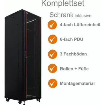 IT-BUDGET 19 inch rack δικτύου SRK πλήρες σετ - 38U - 600x600 mm - πόρτα γυαλιού/χάλυβα - 4 ενεργοί ανεμιστήρες - PDU - ράφια - Flatpack - μαύρο (90ITB19SRK3866GS)
