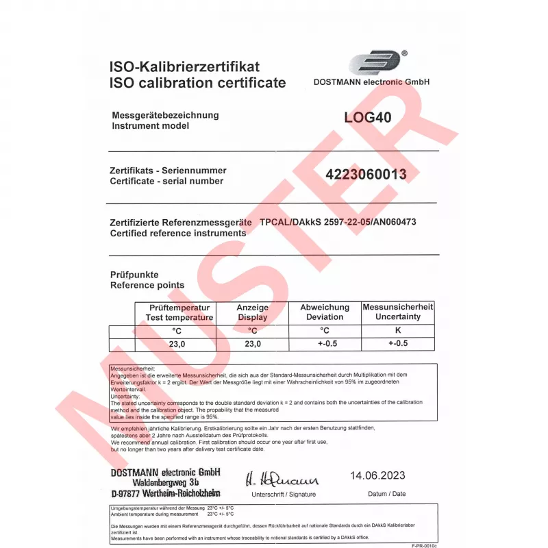 TFA Dostmann LOG40 ISO-βαθμονομημένος καταγραφέας θερμοκρασίας USB PDF, -40 έως +60 °C
