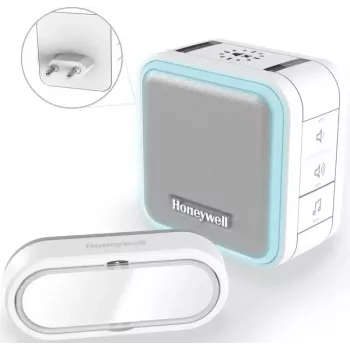 Honeywell DC515SP2L ασύρματο κουδούνι πόρτας με γκονγκ πρίζας και κουμπί, εμβέλεια 150 m, 6 μελωδίες, λευκό