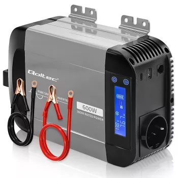 Qoltec καθαρού ημιτόνου inverter 12V σε 230V 300W/600W με LCD, USB-A και USB-C PD, συμβατό με LiFePO4/GEL/AGM