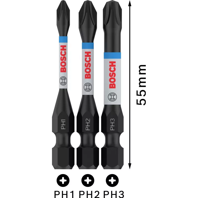 Bosch 2608522491 Phillips PH2 σετ μυτών, 3 τεμ., 25 mm, εξαγωνικό στέλεχος 1/4 ίντσας