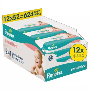 Pampers Sensitive Βρεφικά μωρομάντηλα, 12 συσκευασίες x 52, 624 τεμ., χωρίς άρωμα, χωρίς αλκοόλ, δερματολογικά ελεγμένα